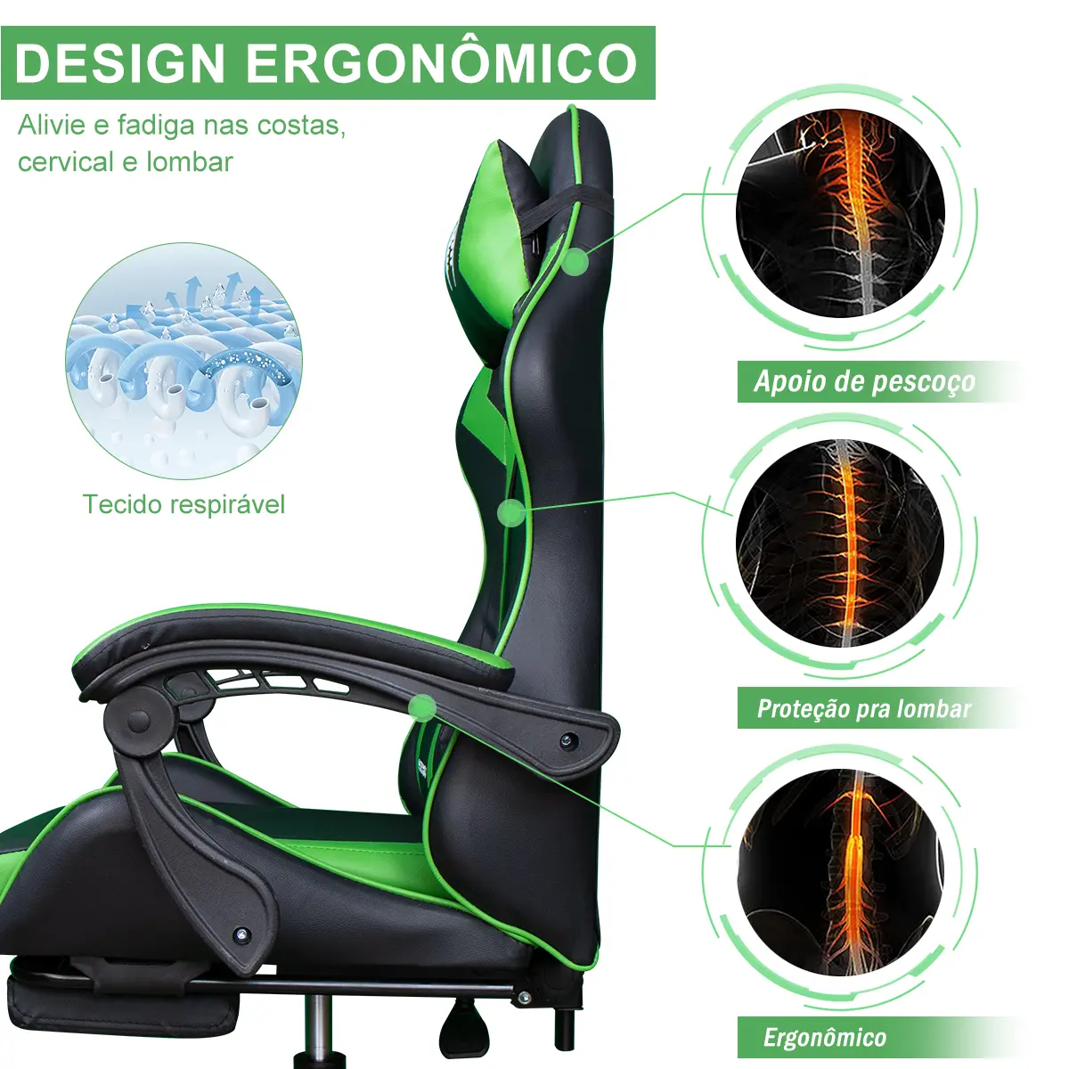 Cadeira Gamer Python Fly Gc01 Ergonômica Reclinável Com Apoio Para Pés 150 Kg Preto/verde Couro Sintético