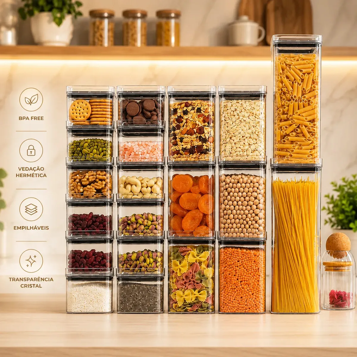 Kit 20 Potes Porta Mantimento Herméticos 2,3litros 1,1litro 500ml Acrílico Empilhável Transparência Cristal Livre de BPA