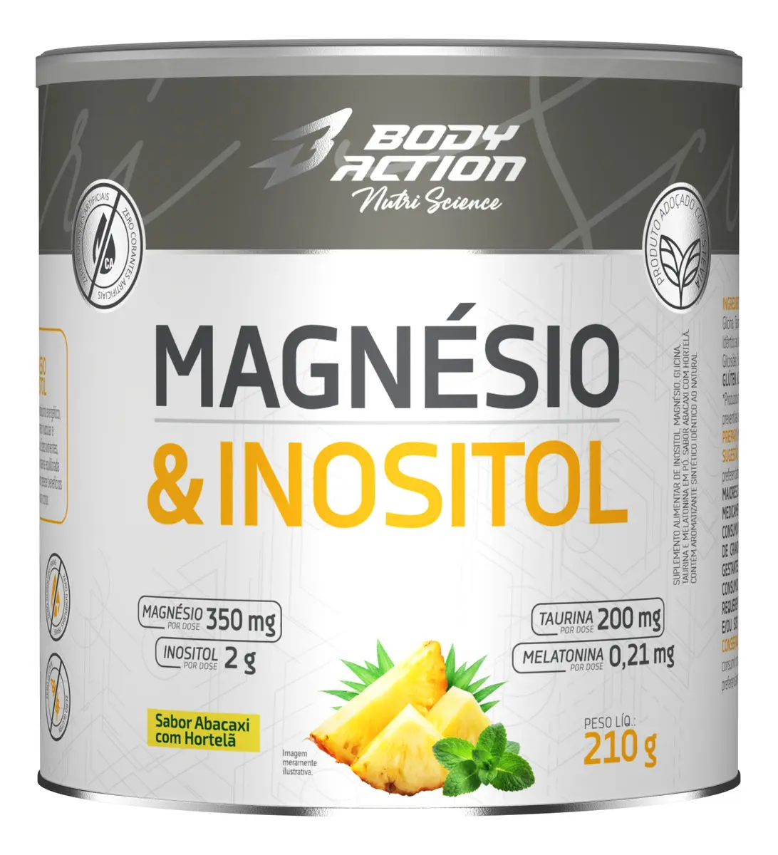 Magnésio E Inositol Taurina Melatonina 210g Bodyaction Sabor Abacaxi C/ Hortelã
