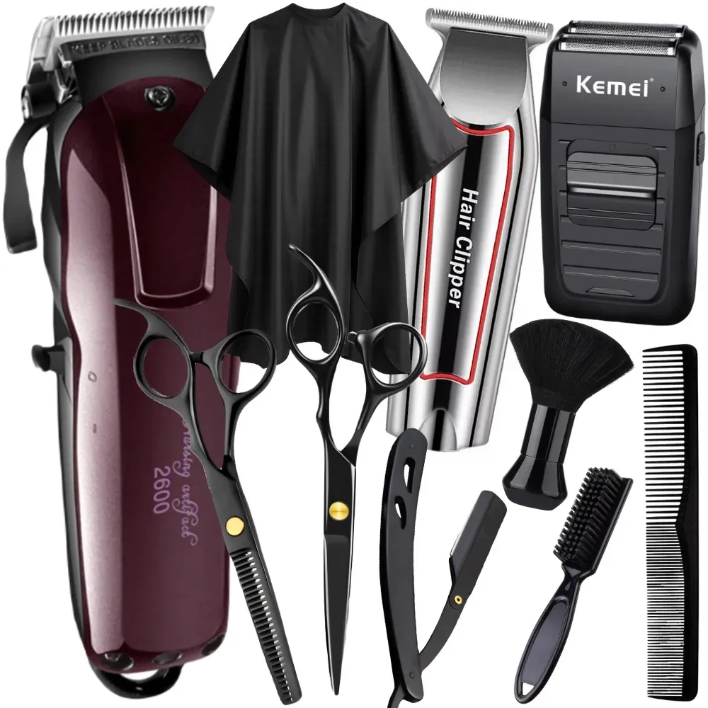 Maquina De Corta Cabelo Acabamento E Shaver Kit Tesouras Profissionais Barbeiro Com Acessórios Jl Barber