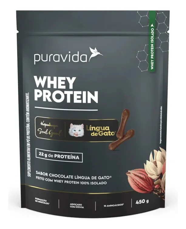 Whey Protein Isolado Chocolate Língua de Gato 450g Puravida