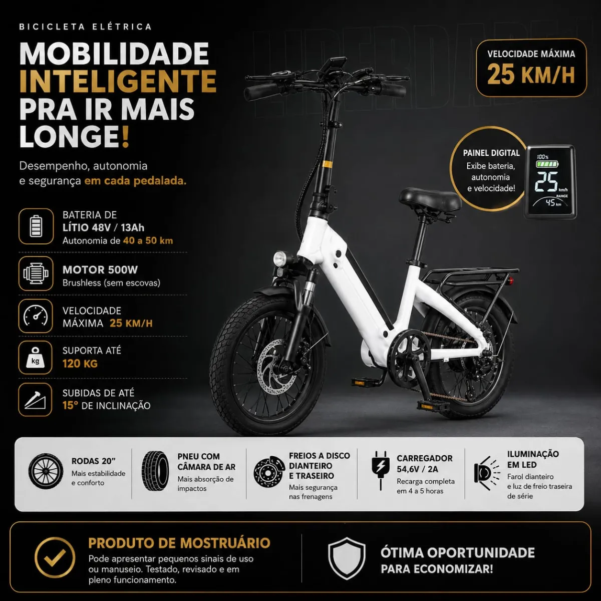 Resumo visual das especificações técnicas da bicicleta elétrica Max Wheel E17 em fundo preto