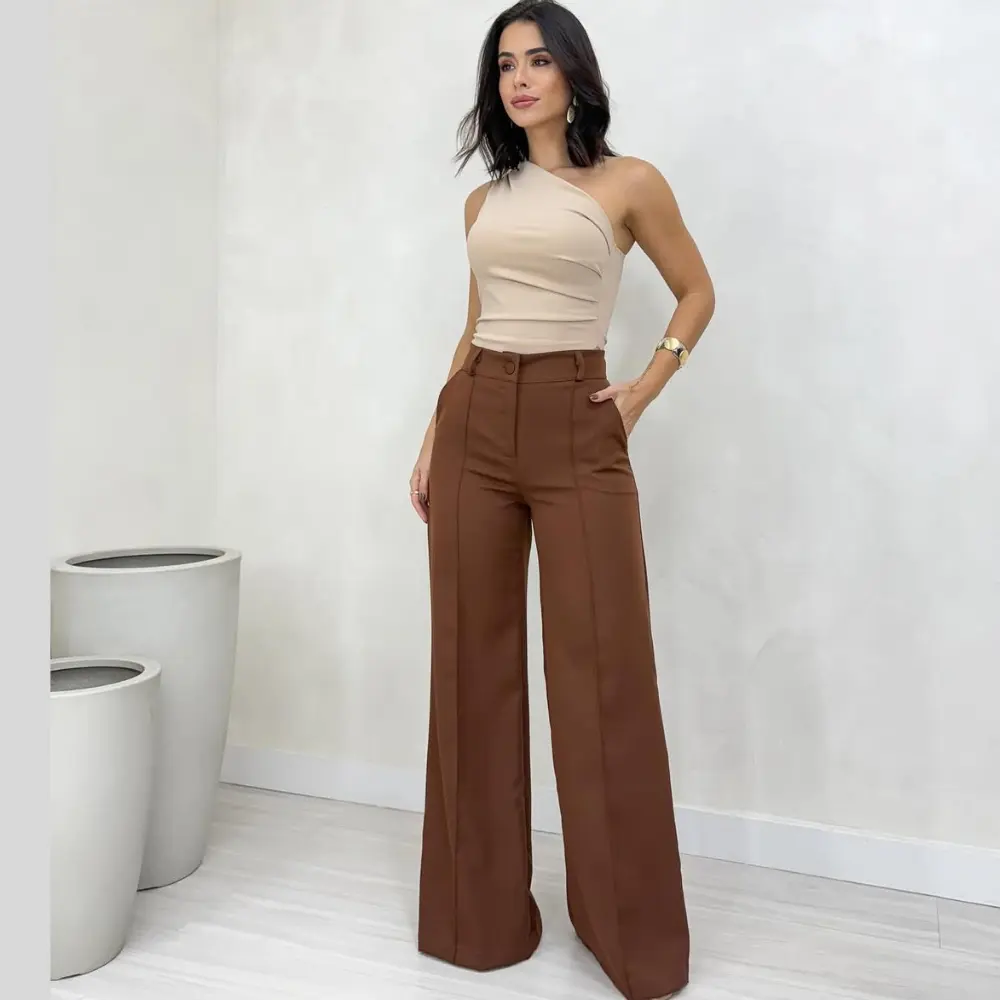 Calça Feminina Alfaiataria Pantalona Cintura Alta Soltinha