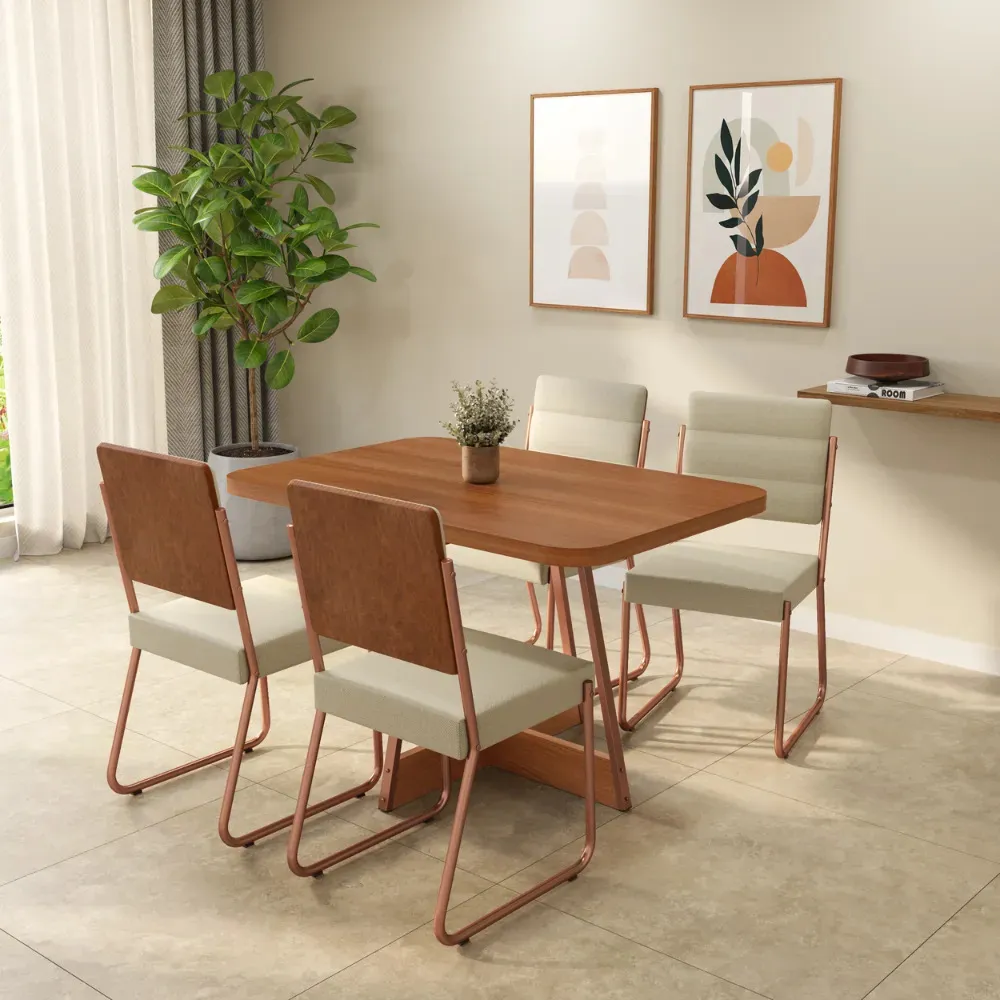 Conjunto Sala De Jantar 4 Cadeiras Madu Carraro Nogal Rosê Rose