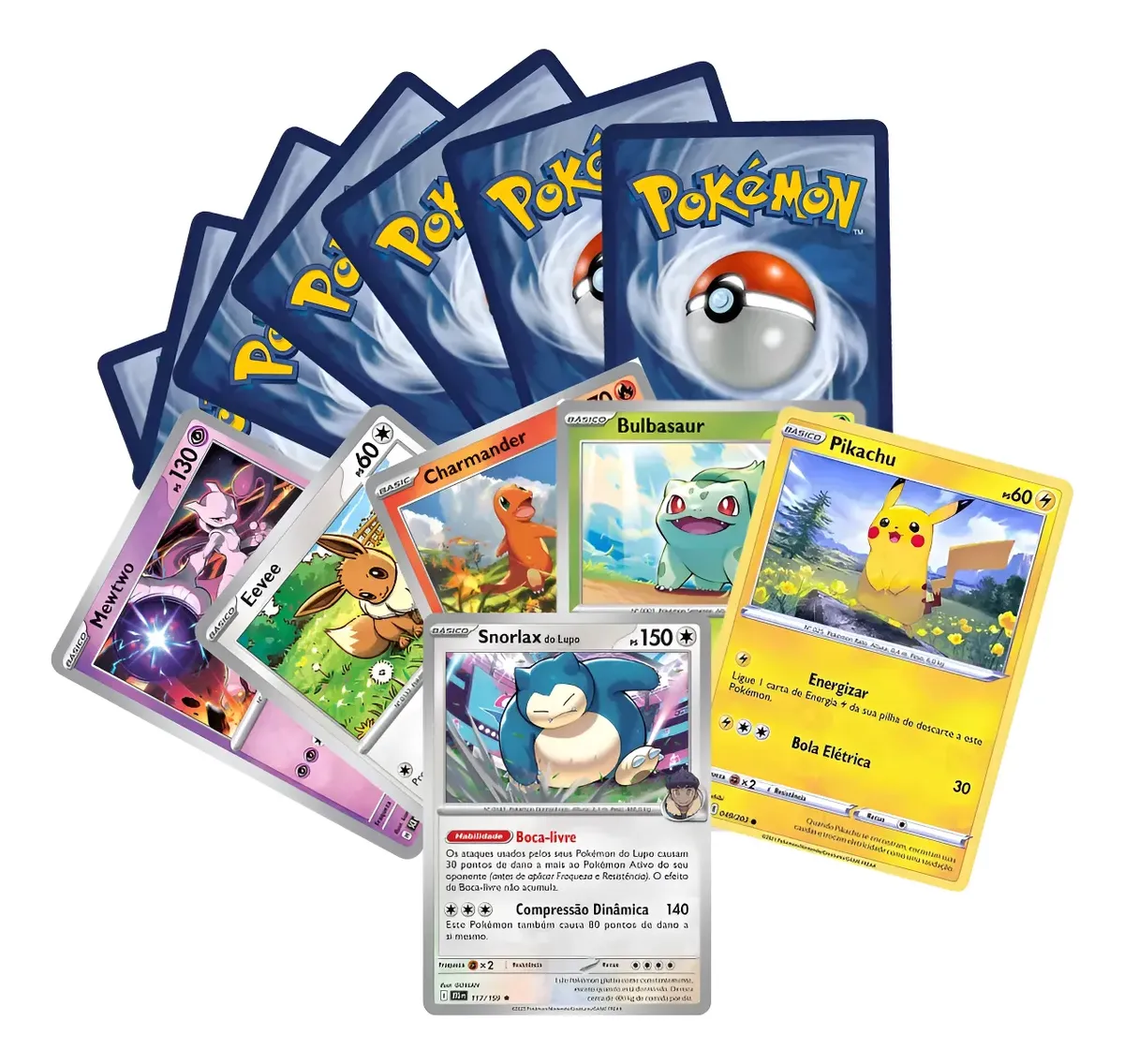 Um leque de cartas Pokémon variadas em português, como Mewtwo, Eevee, Charmander, Bulbasaur, Snorlax e Pikachu, com o verso das cartas visível ao fundo.