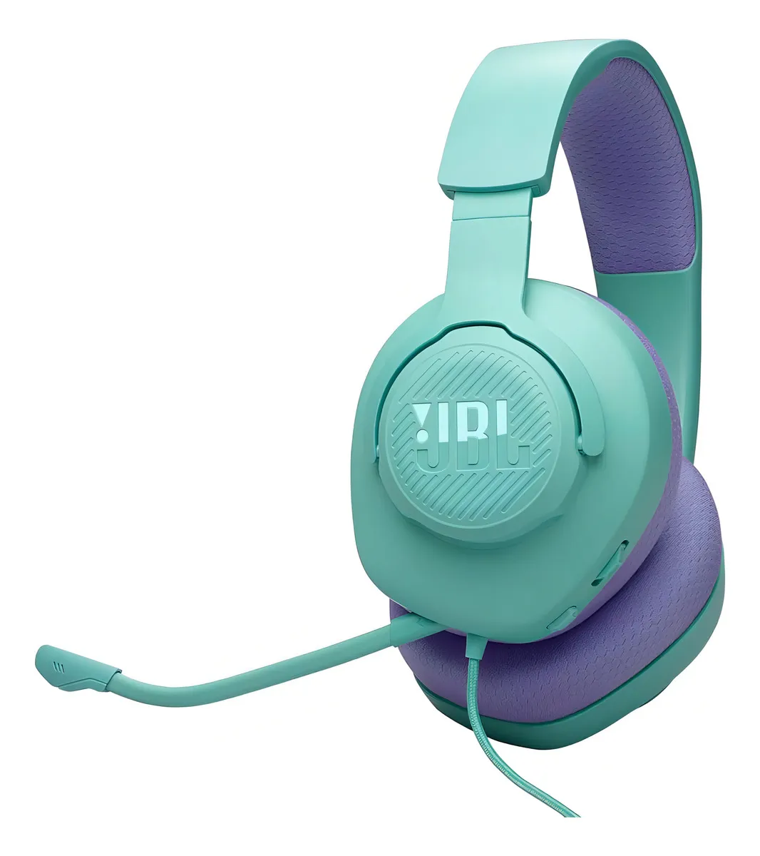 O headset JBL Quantum 100, com seu design característico e microfone rebatível]