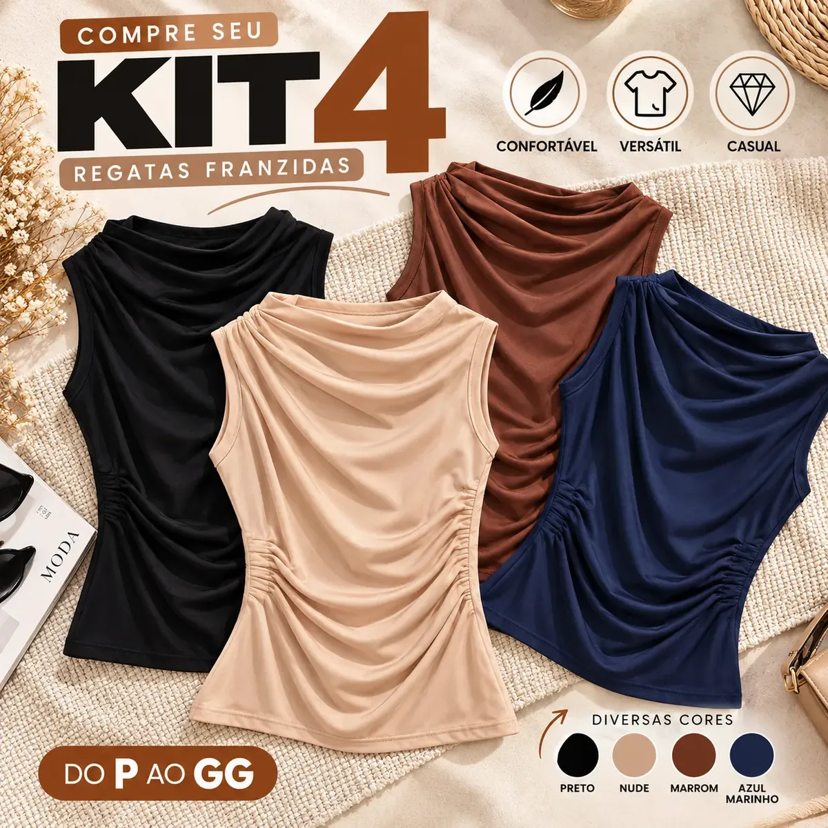 Kit 4 Blusa Feminina Regata Gola Alta Drapeada Plissada