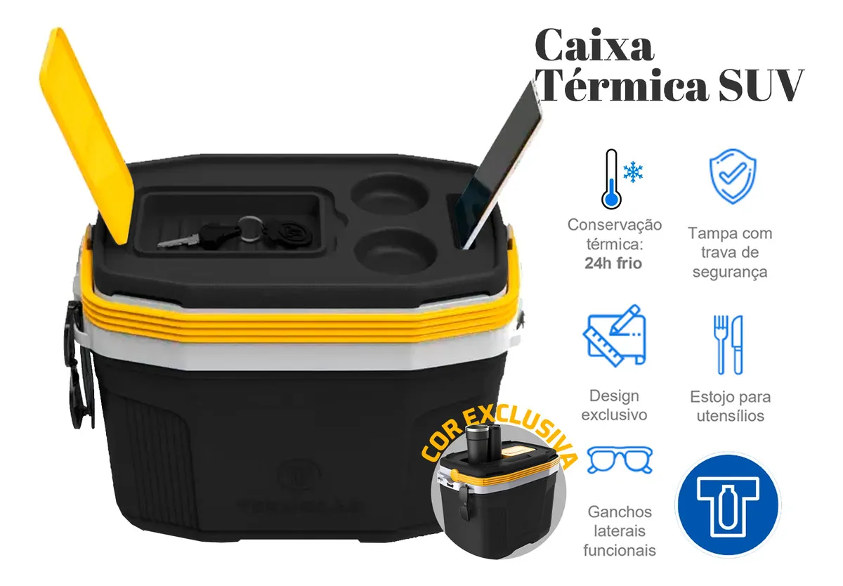 Caixa Termica Suv Cooler Com Alça 20 Litros Praia Pesca Camping Cor Preto E Amarelo Termolar