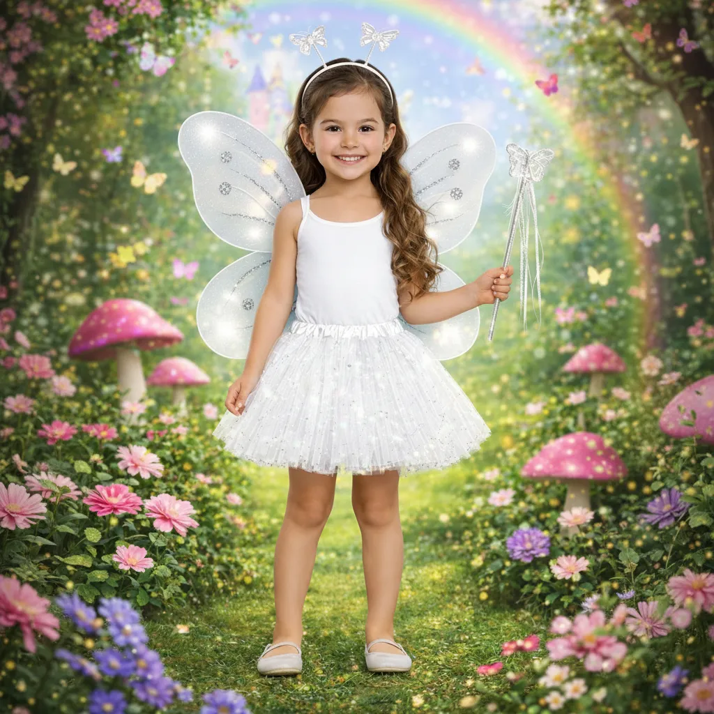 Fantasia Fada Borboleta Asas E Saia C/ Led + Tiara + Varinha Branco Único - Imagem 4