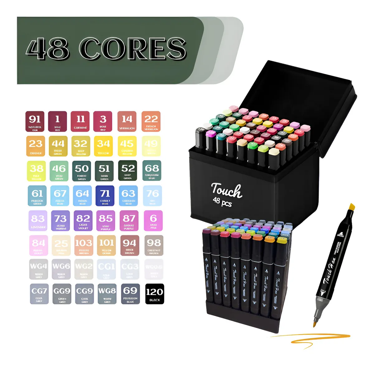 Conjunto 48 Cores Canetas Marcador Ponta Dupla Permanente Preto