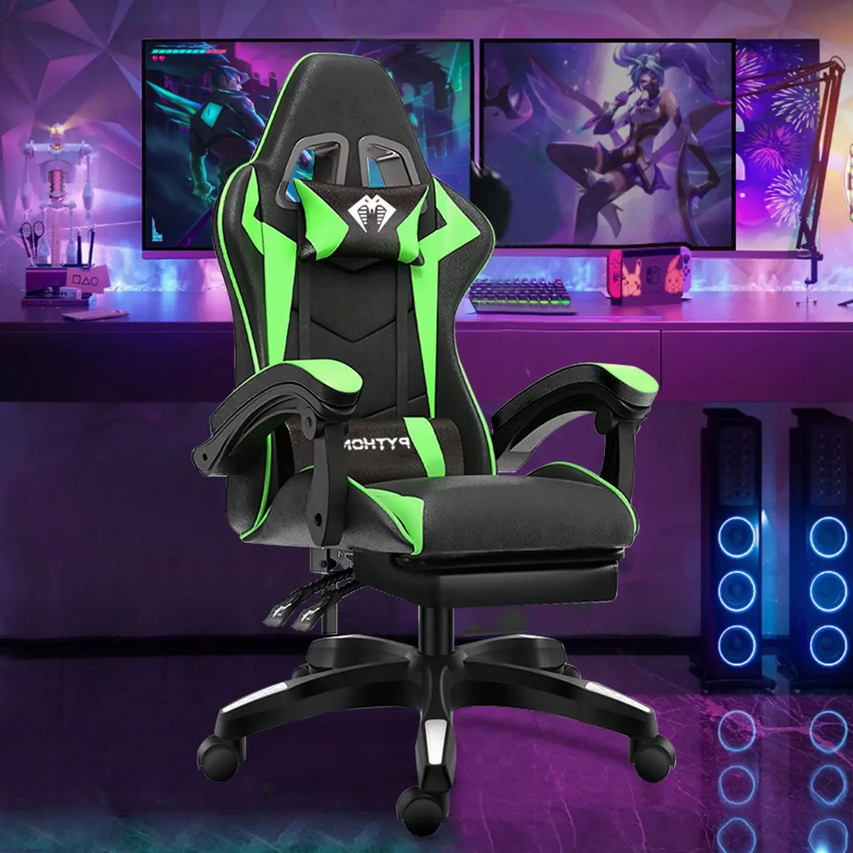 Cadeira Gamer Python Fly Gc01 Ergonômica Reclinável Com Apoio Para Pés 150 Kg Preto/verde Couro Sintético