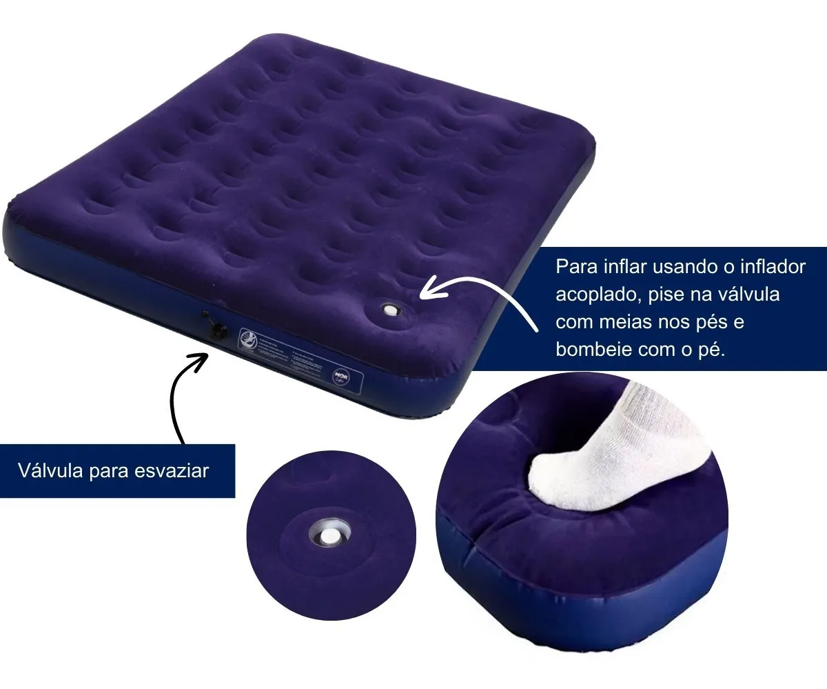 Colchão Inflável Casal com inflador Acoplado Multiuso Mor 409072 Azul