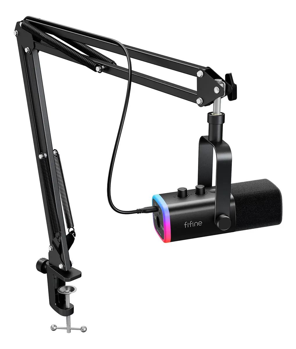 Kit Fifine AM8T com microfone AM8 preto preso a braço articulado de mesa