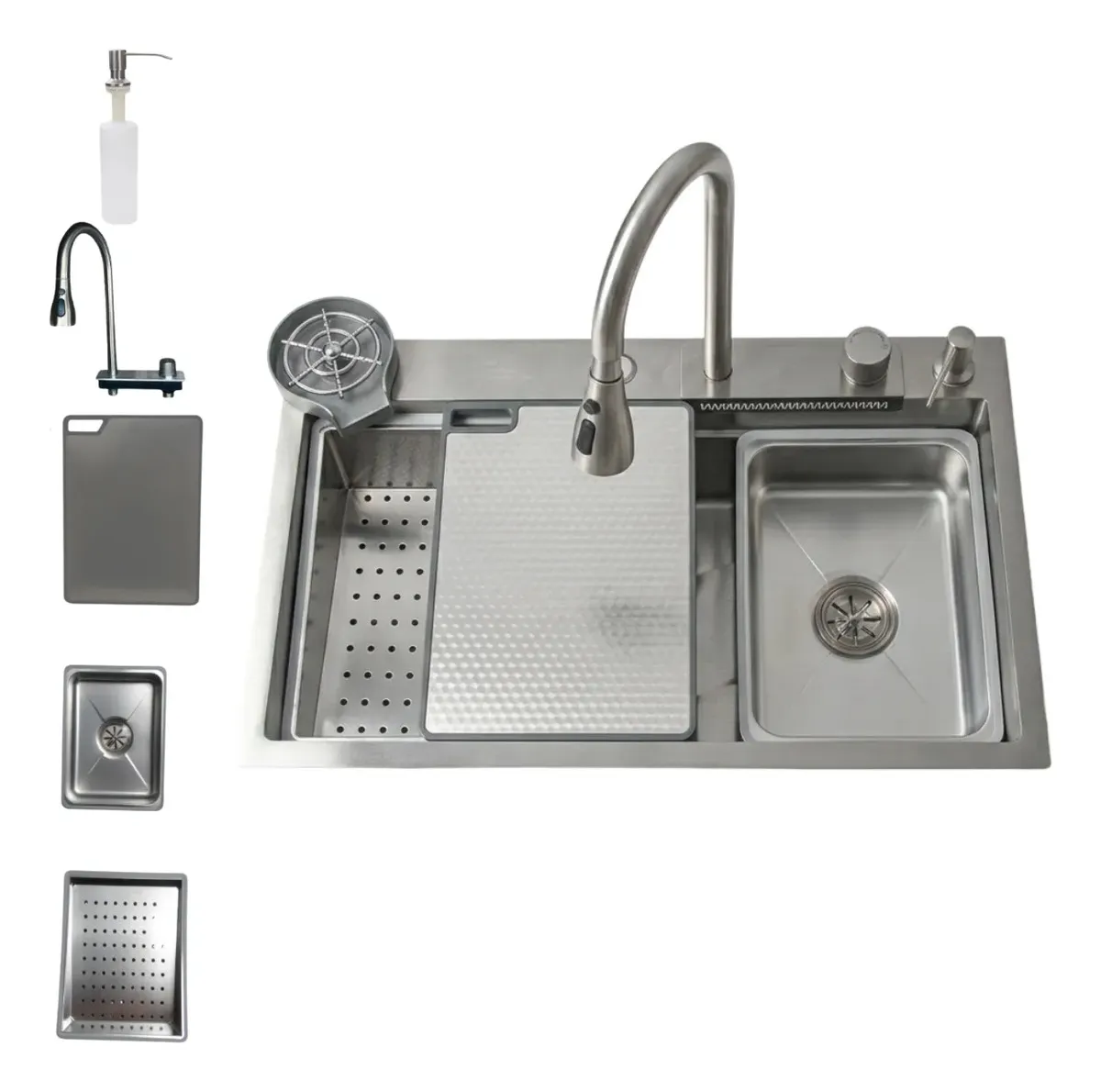 Cuba Gourmet 75x45 Aço Inox 304 Premium com torneira monocomando cascata 360° lavador de copos kit completo Elleganto