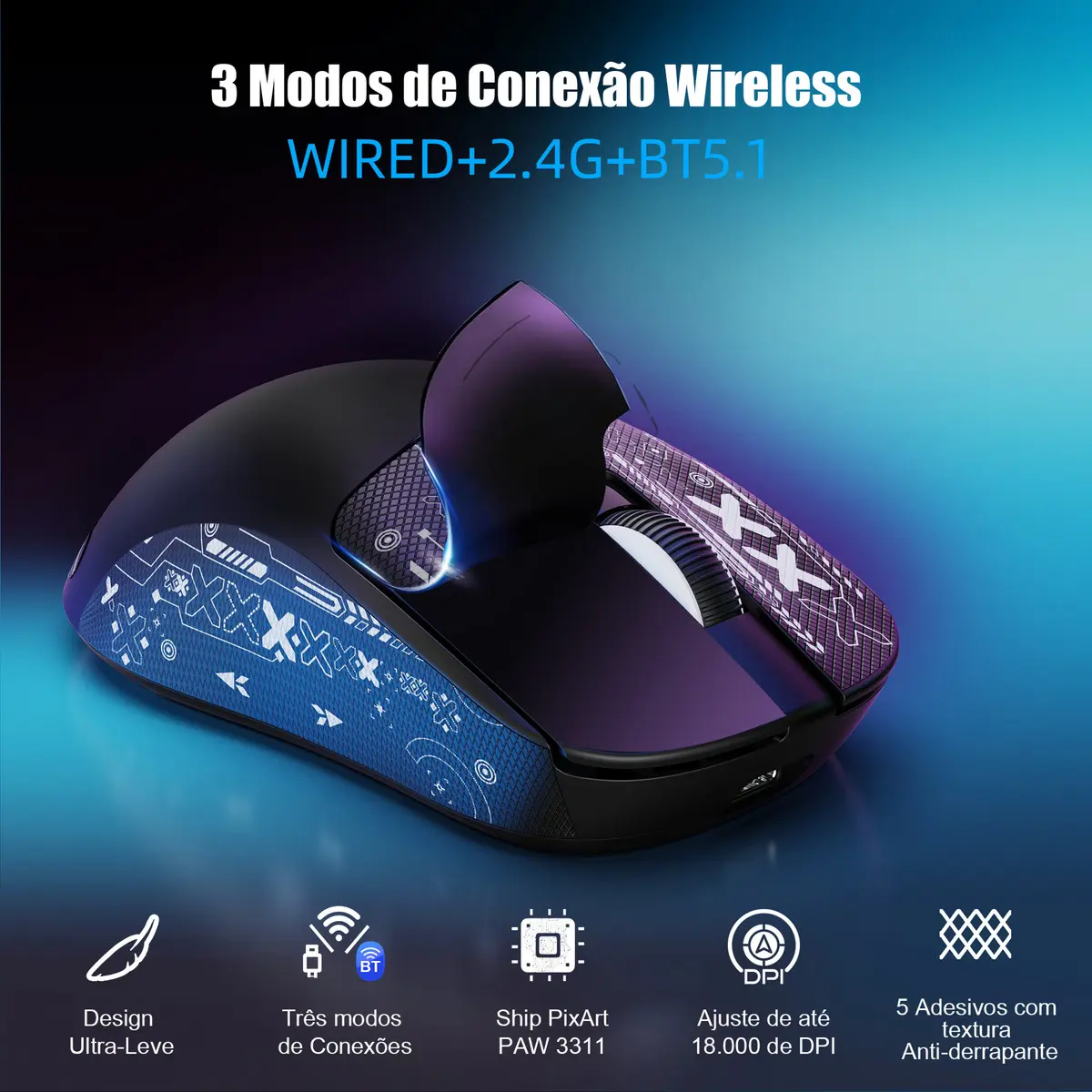 Mouse Gamer Sem Fio Bluetooth Tri Mode 18000 Dpi Paw3311 Recarregável Fire Phoenix Bk-r1x Preto