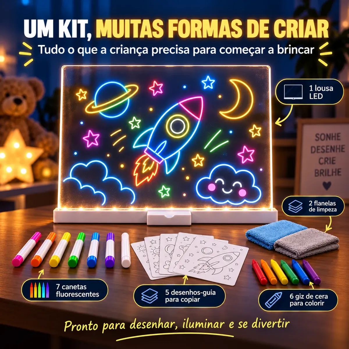 Kit Lousa Mágica Led Infantil + 5 Desenhos E Giz De Cera