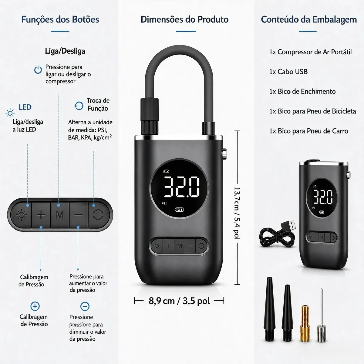 Mini Compressor de Ar Portátil Digital Sem Fio para Pneus e Infláveis — imagem 5