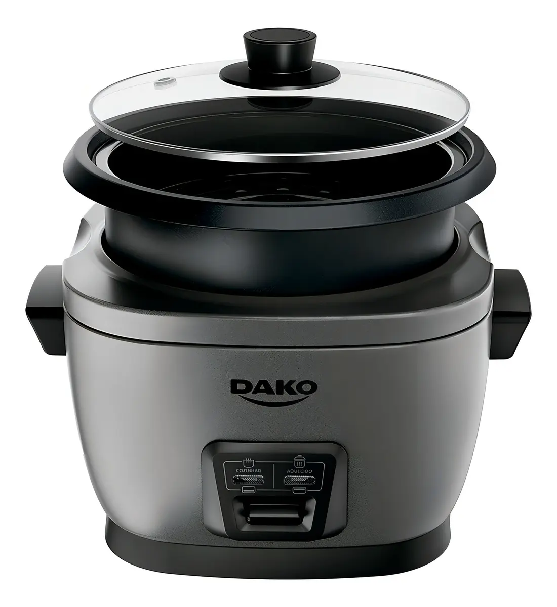 Panela de arroz Dako com tampa de vidro aberta exibindo o interior