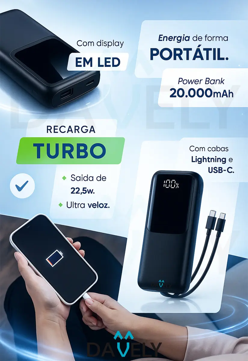 Power Bank 20.000mah 22.5w Carga Rápida Com Display Digital Carregador Portátil Carga Rápida Premium Compatível Com... Preto/branco (modelo1)