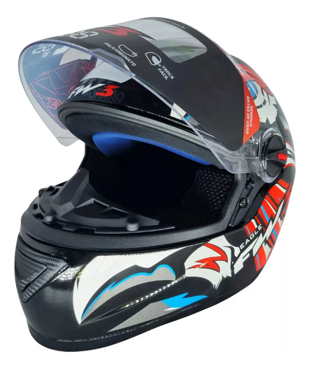 Capacete Fechado Fw3 Gtn Eagle Vermelho Azul Narigueira Alta — foto 3