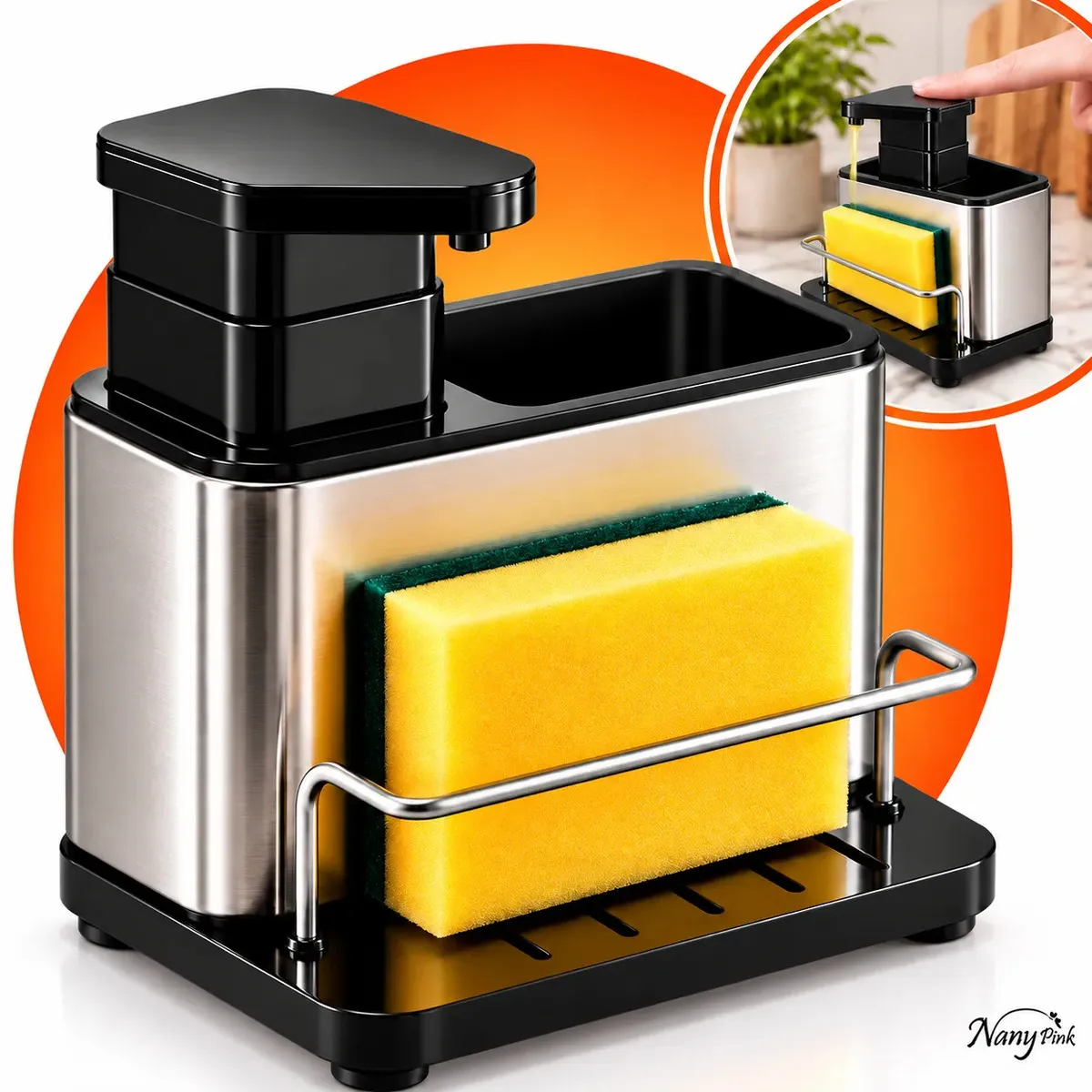 Dispenser Porta Detergente 3 em 1 em Aço Inox com Porta Esponja e Utensílios Organizador de Pia para Cozinha e Sabão Líquido - Nany Pink