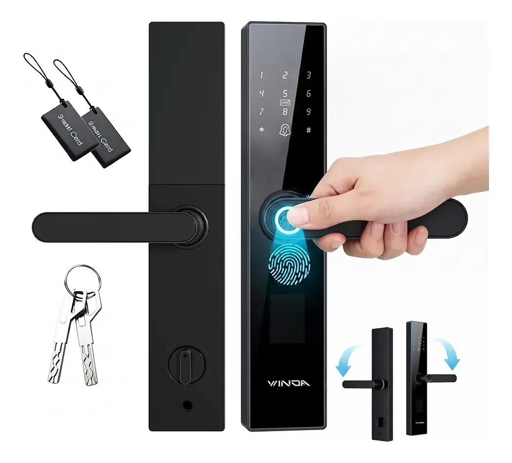 Fechadura Digital Inteligente Para Porta Digitais Eletricas Com Senha Biometria Cartão E Chave Preto Fosco Winda
