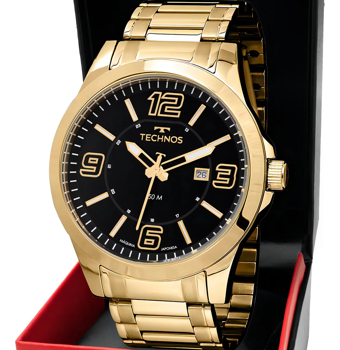 Relógio Technos Masculino Aço Inox Dourado Racer Fundo Preto Quartz 45mm