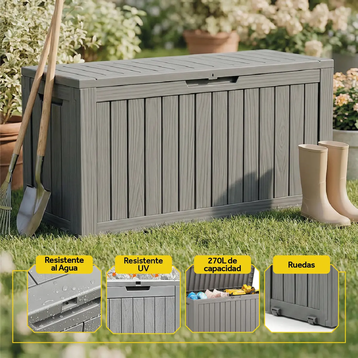 Baul Mueble Deposito Exterior Bodega Armario Jardín Plástica Pp Con Ruedas Candado Impermeable