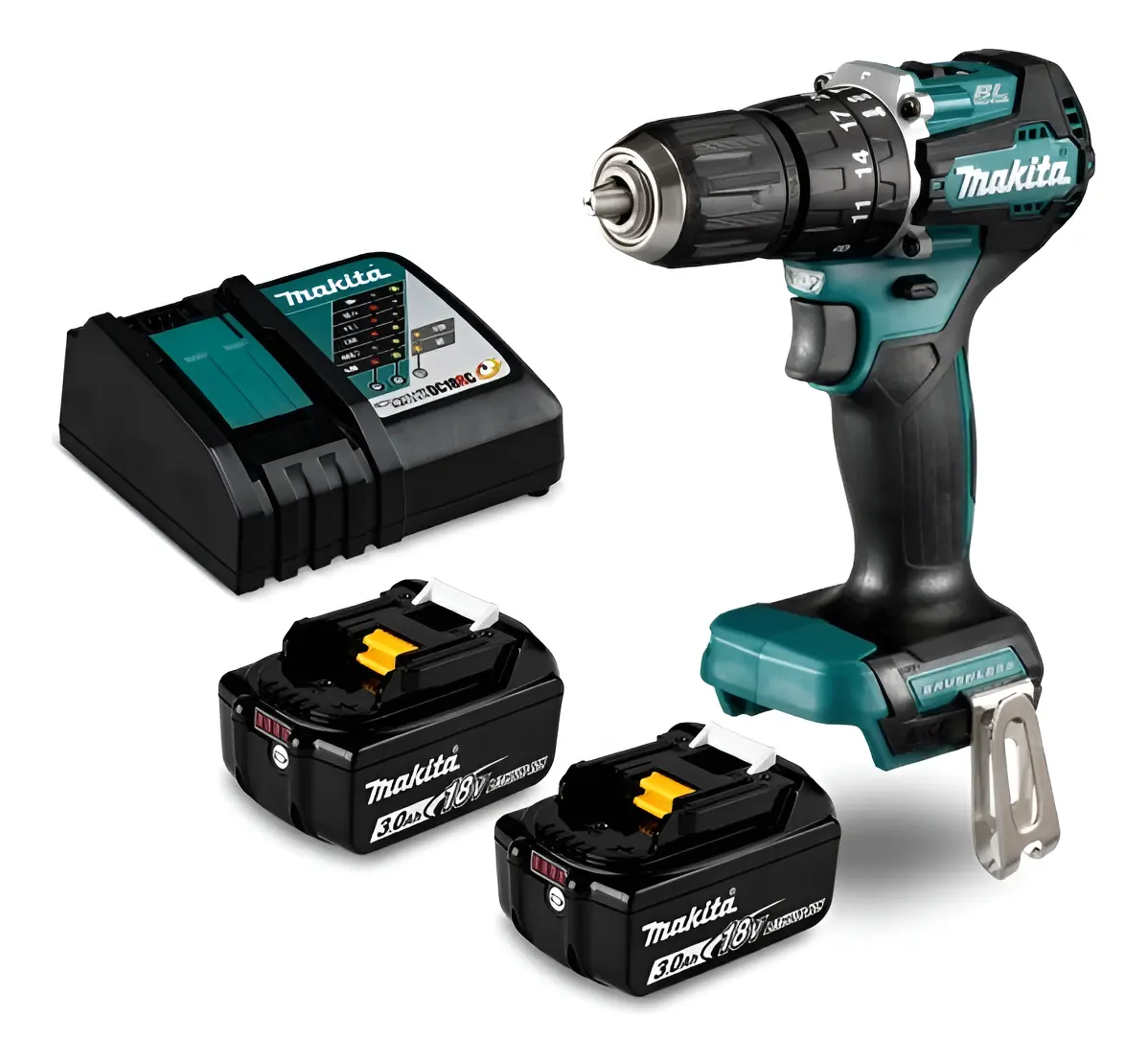 Taladro percutor Makita DHP487 color turquesa con batería LXT 18V