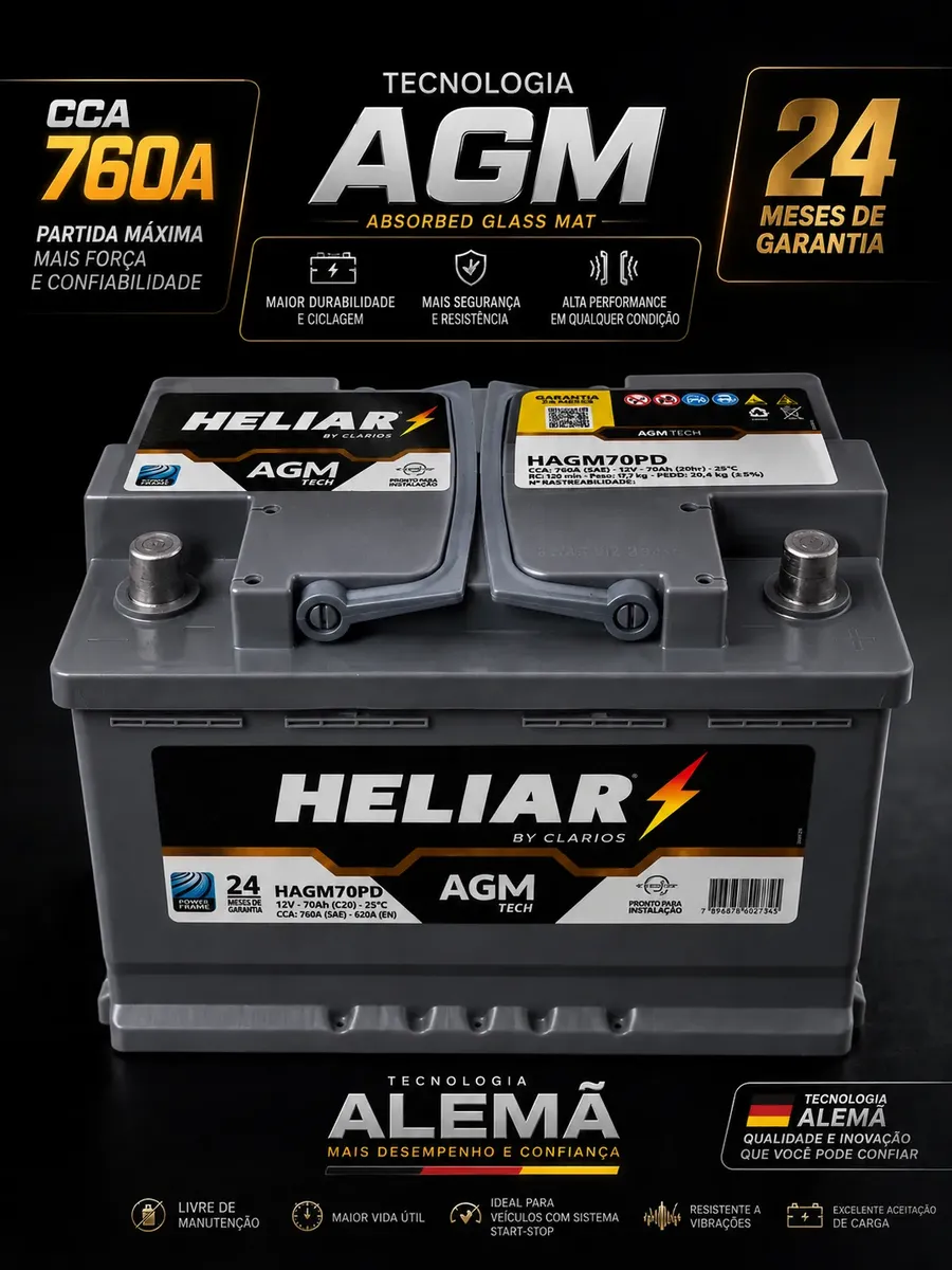 Bateria start-stop: Bateria Heliar AGM HAGM70PD 70Ah Start-Stop