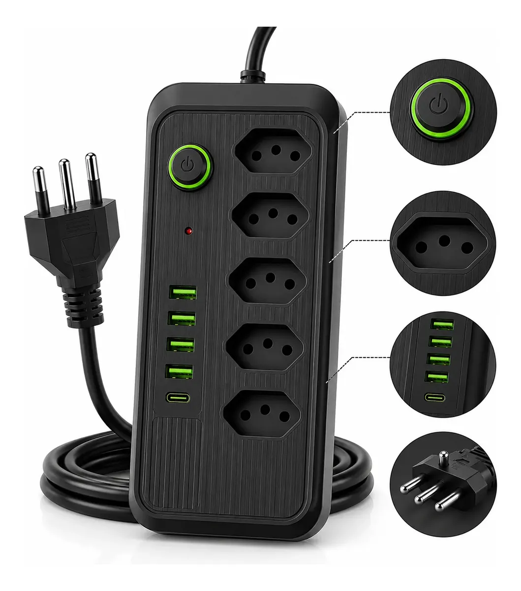 Filtro De Linha Extensão Régua Elétrica Bivolt Usb Tipo C