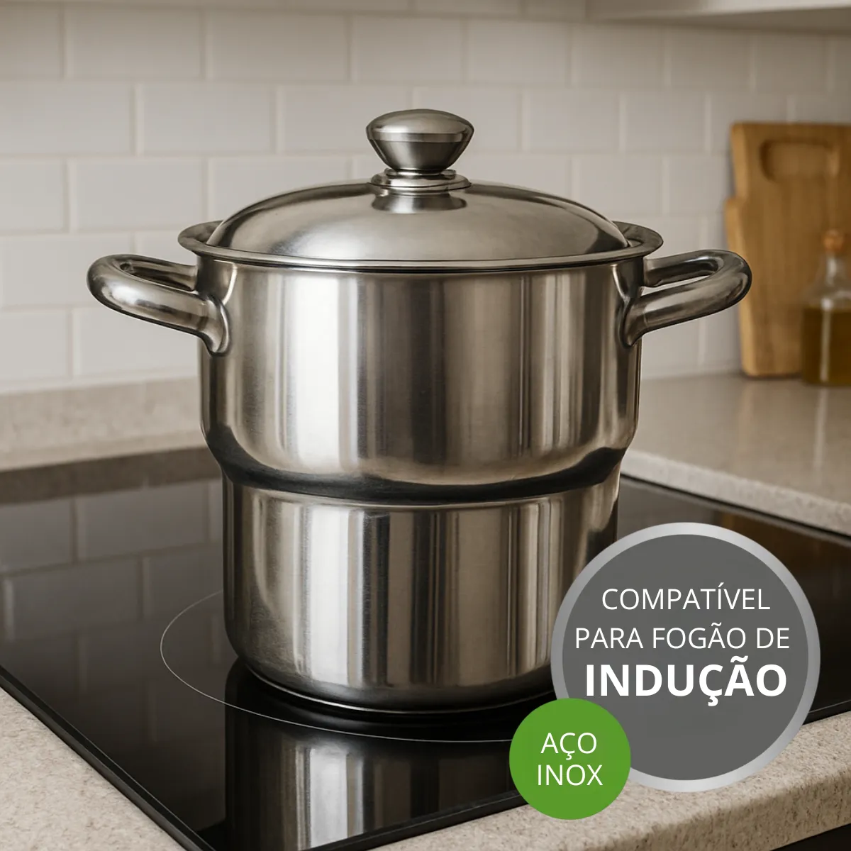 Panela cuscuzeira inox 16cm preta com alça lateral suporta indução