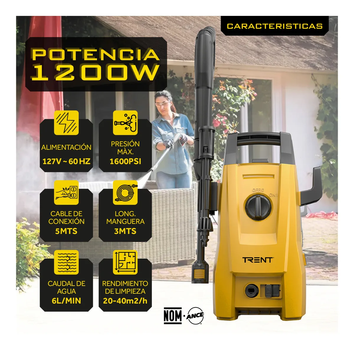 Hidrolavadora Electrica 1200w 1600 Psi Alta Presion Amarillo 60hz - Vista 2