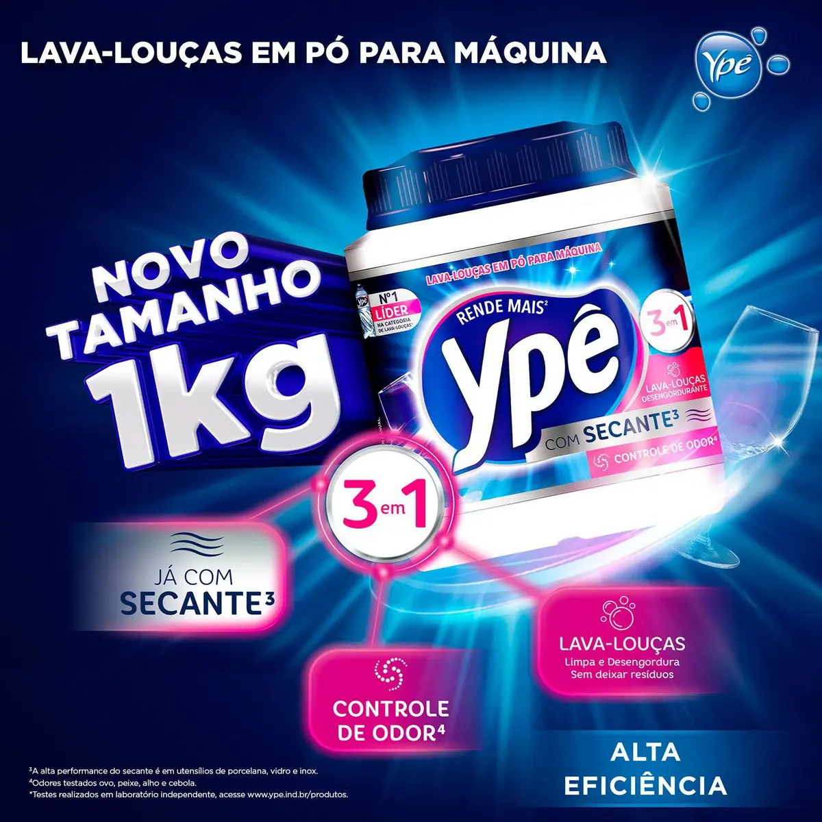 Anúncio promocional do detergente Ypê Lava Louças em Pó 1Kg, mostrando os benefícios de limpeza, desengordurante e controle de odor