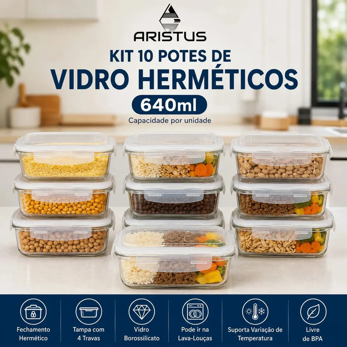 Kit 10 Potes Vidro Hermético Aristus 640ml Marmita Anti Vazamento Forno Micro-ondas Freezer Tampa 4 Travas - Branco