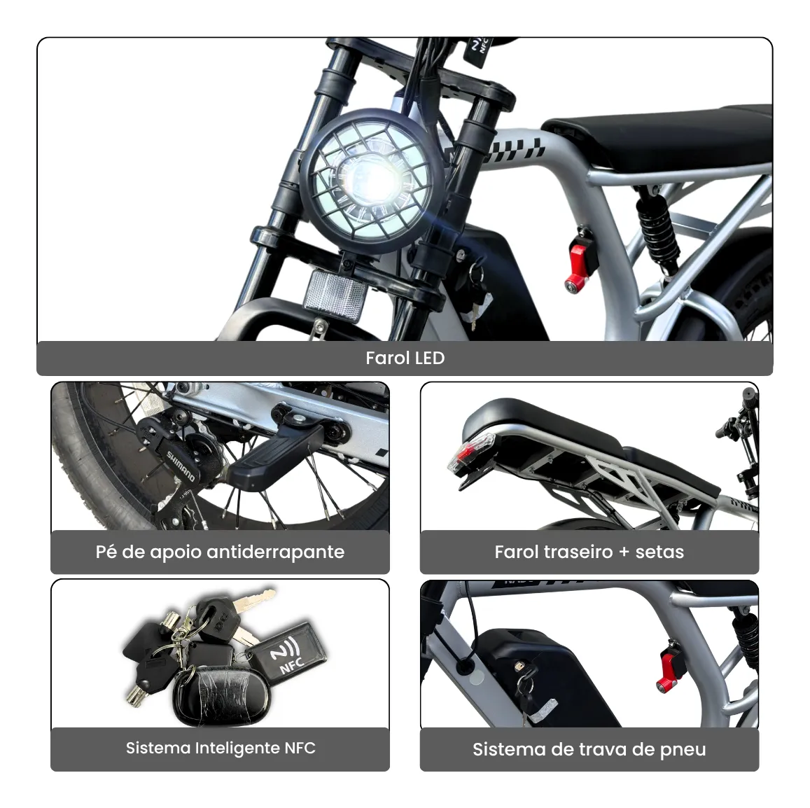 Montagem de cinco close-ups da Nado K3: farol LED, pé de apoio antiderrapante, farol traseiro com setas, sistema inteligente NFC (chaves) e sistema de trava de pneu.