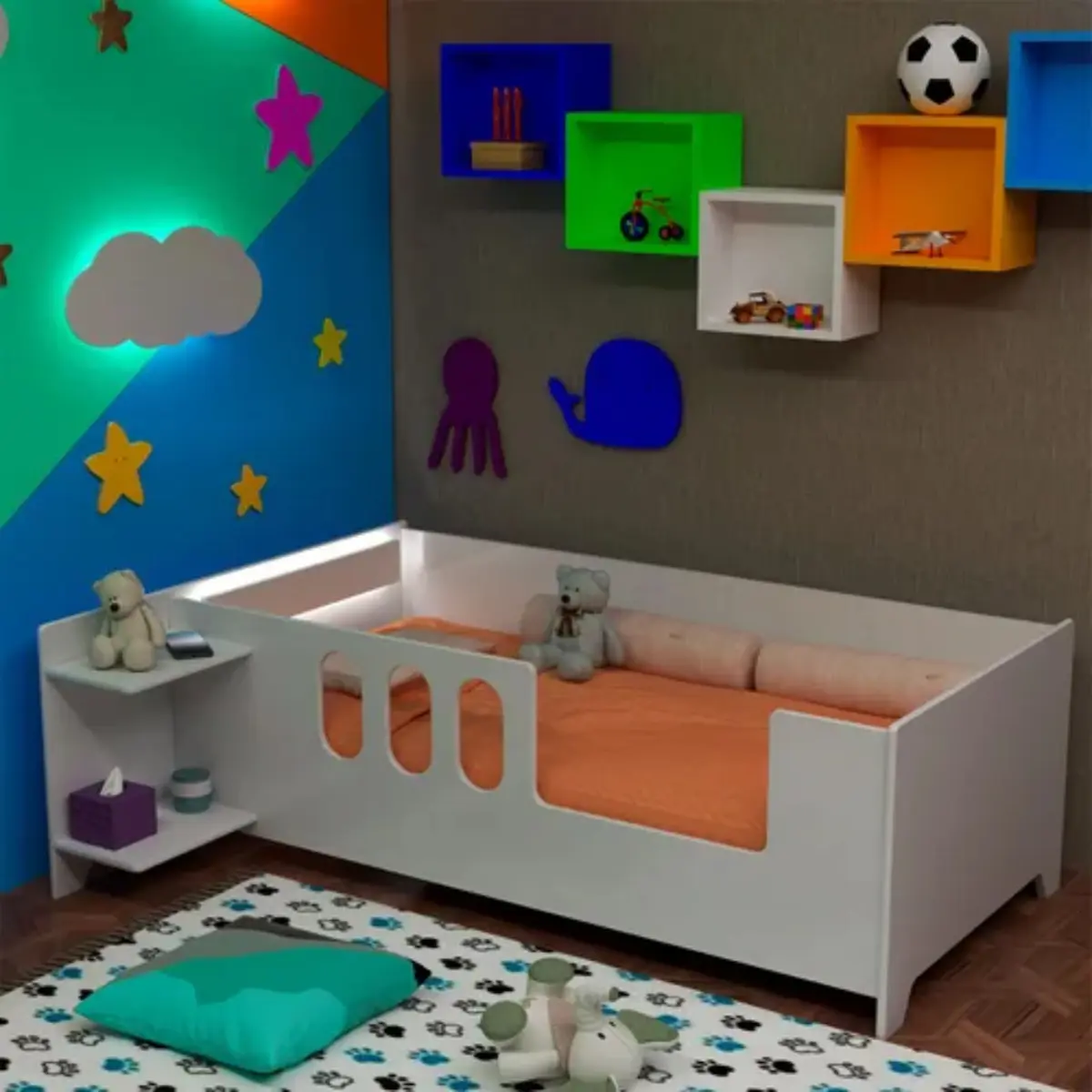 Cama Berço Infantil Livia Com Prateleiras Branco Led Branco Com Lousa