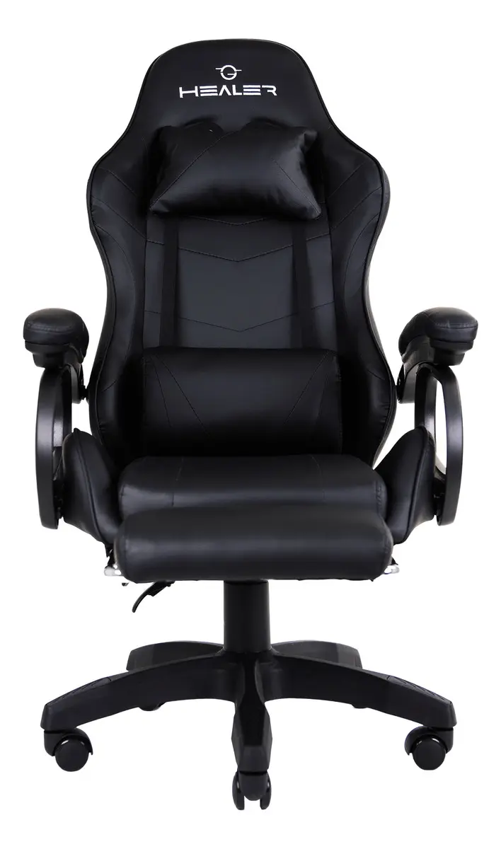 Cadeira Gamer Preto Healer Level Reclinável Com Apoio Pés Couro Sintético