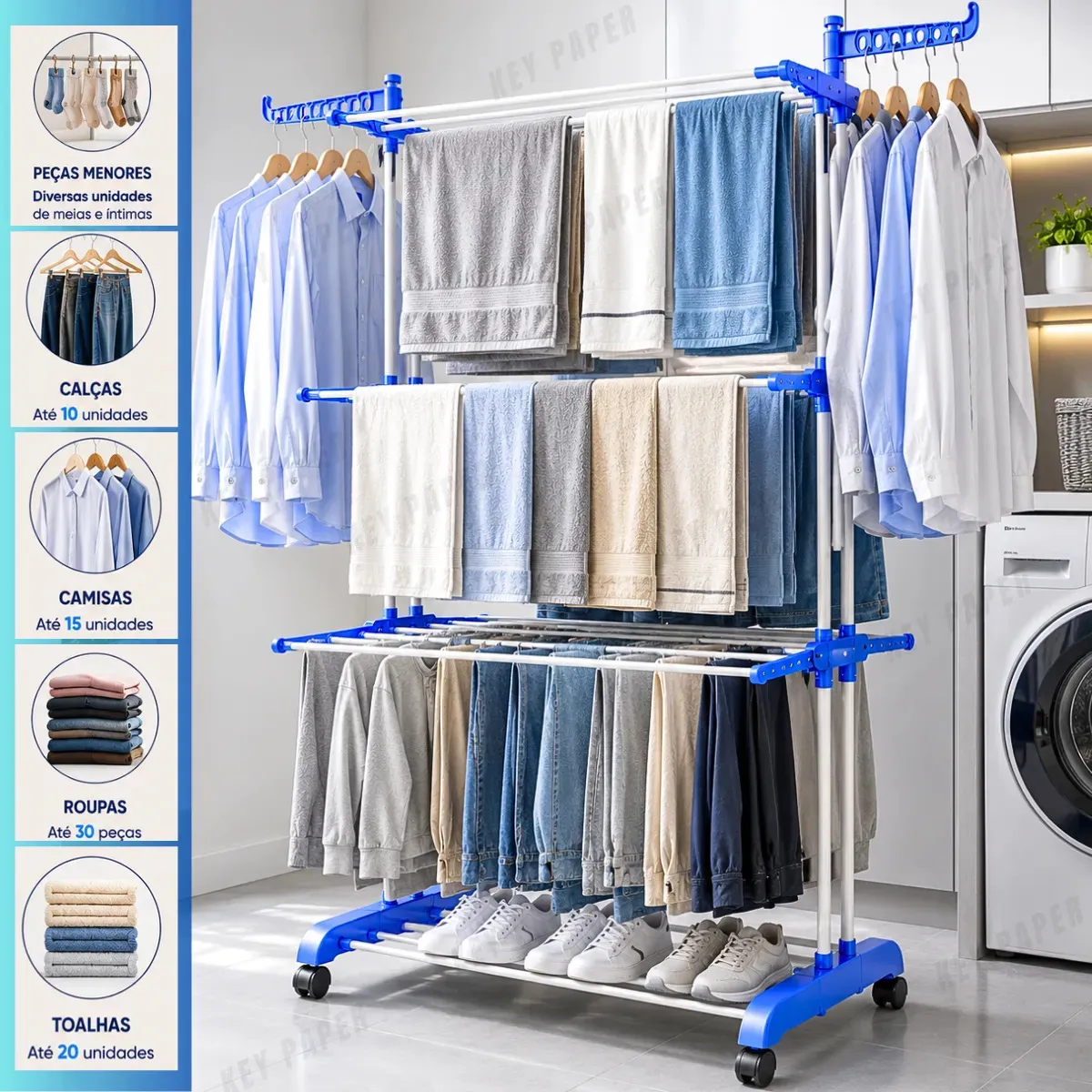 Varal De Chão Grande 3 Andares Retrátil Dobrável Com Rodinhas Roupas Lavanderia Compacto Portátil Cor Azul