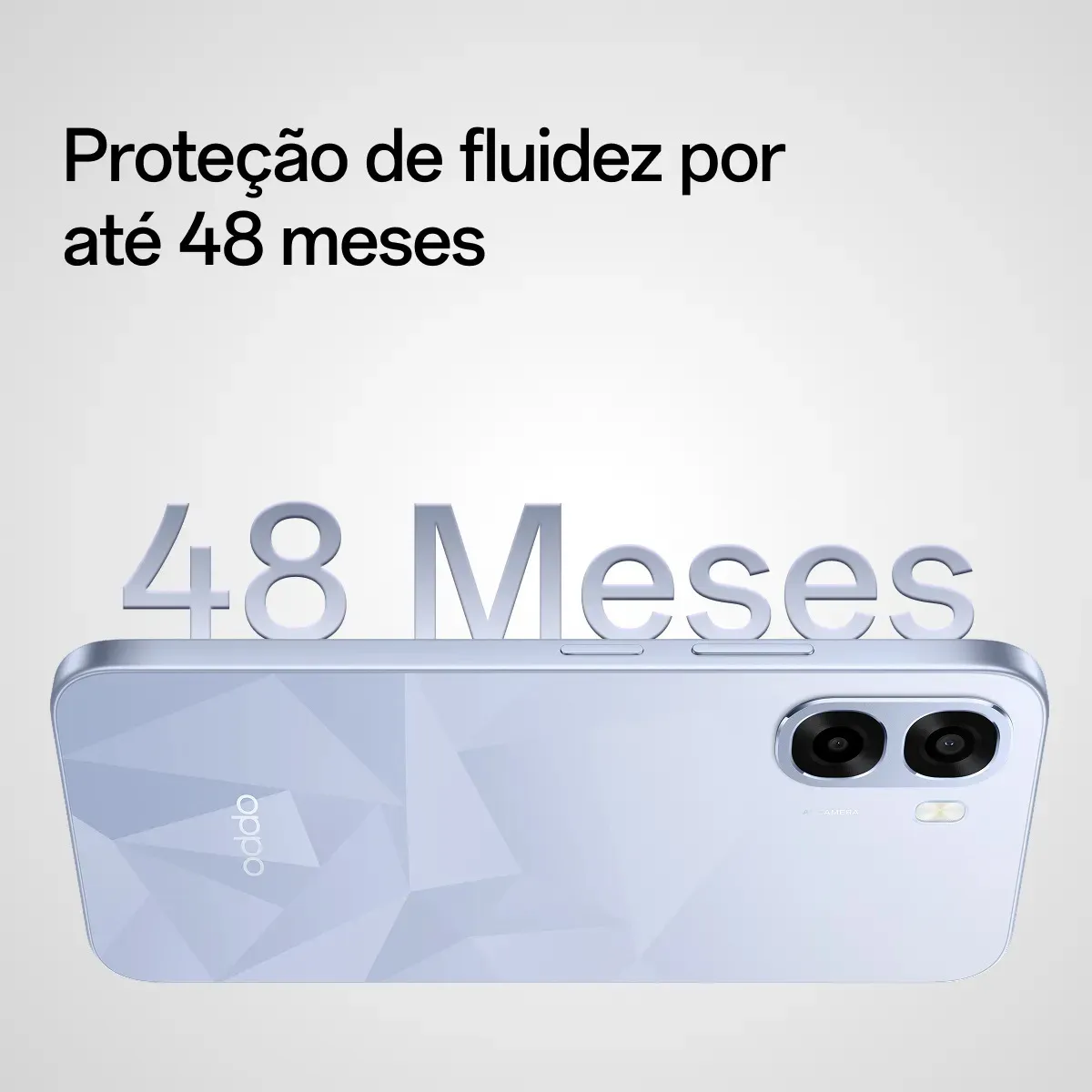 Smartphone Oppo A6t visto de perfil com a indicação de 48 meses de proteção de fluidez do sistema