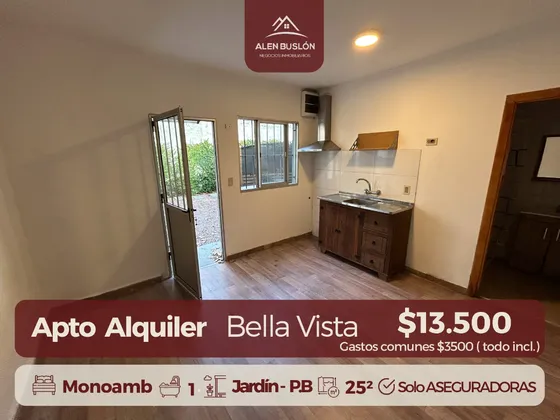 Alquiler Monoambiente Bella Vista Con Jardín, Planta Baja, Gastos Comunes ( Todo Incluido )