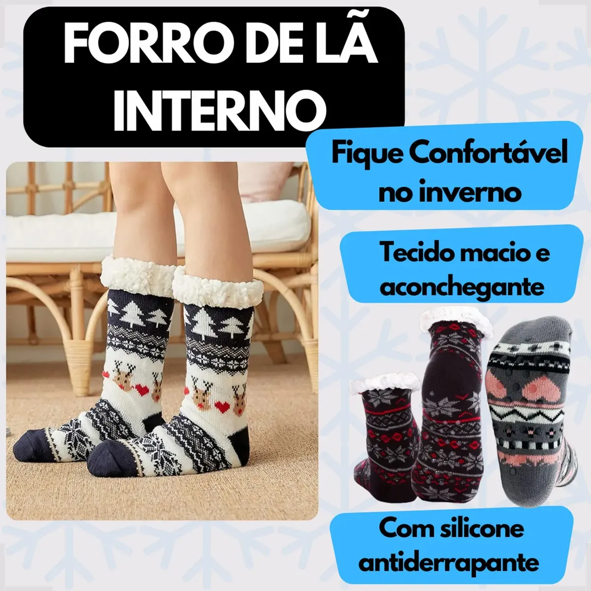Detalhe do solado antiderrapante e do tecido aconchegante