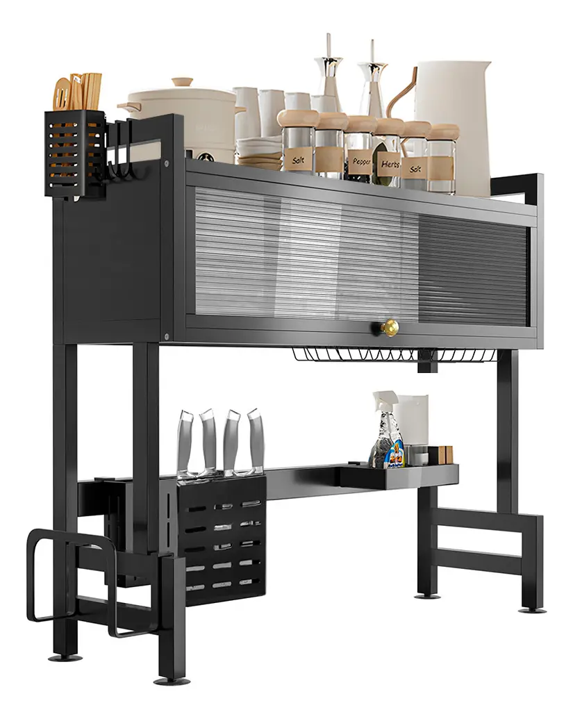 Escorredor de utensílios de mesa Decoteam Rack com porta 65x28x80cm, cor preta