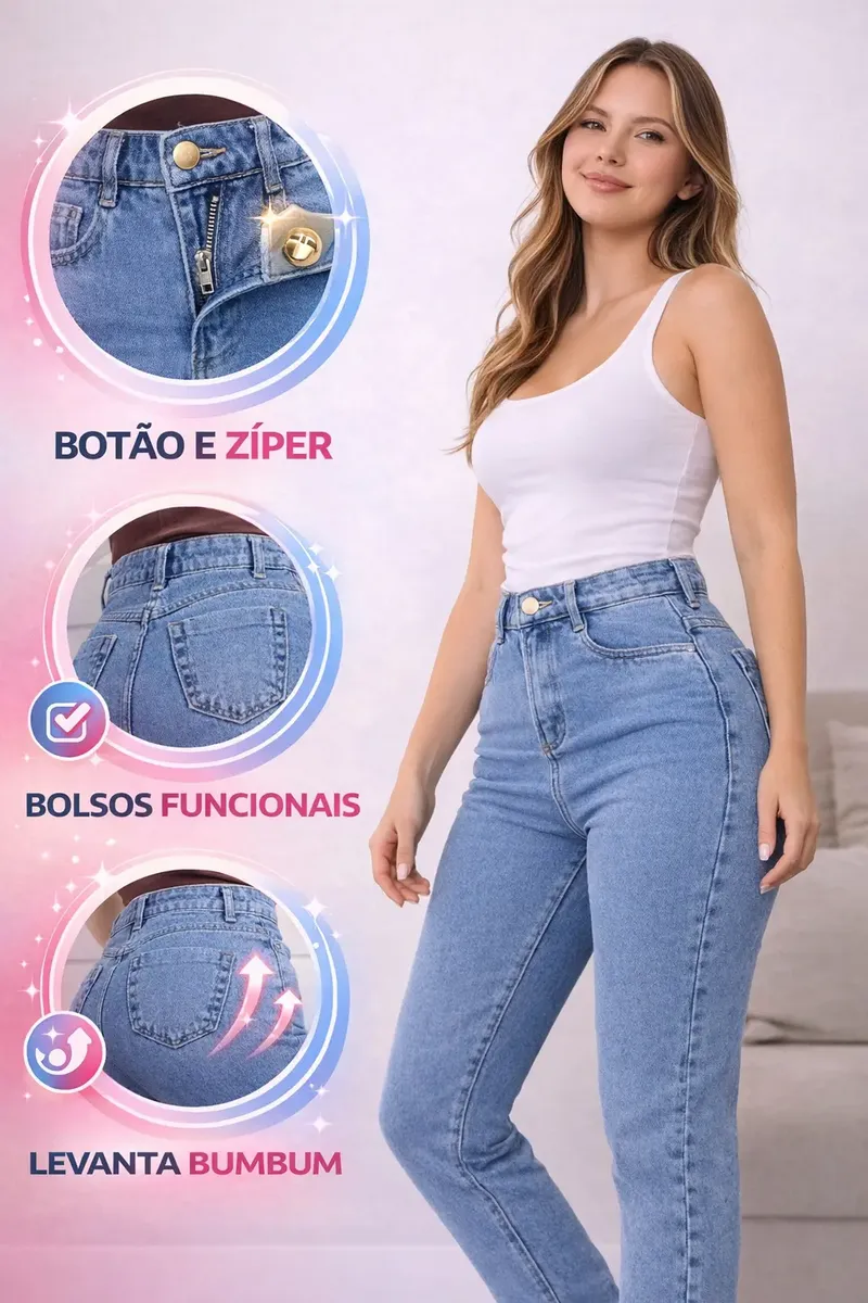 Mulher em pose, com detalhes em zoom do botão, zíper, bolsos funcionais e o efeito levanta bumbum da calça jeans mom Stillger clara.