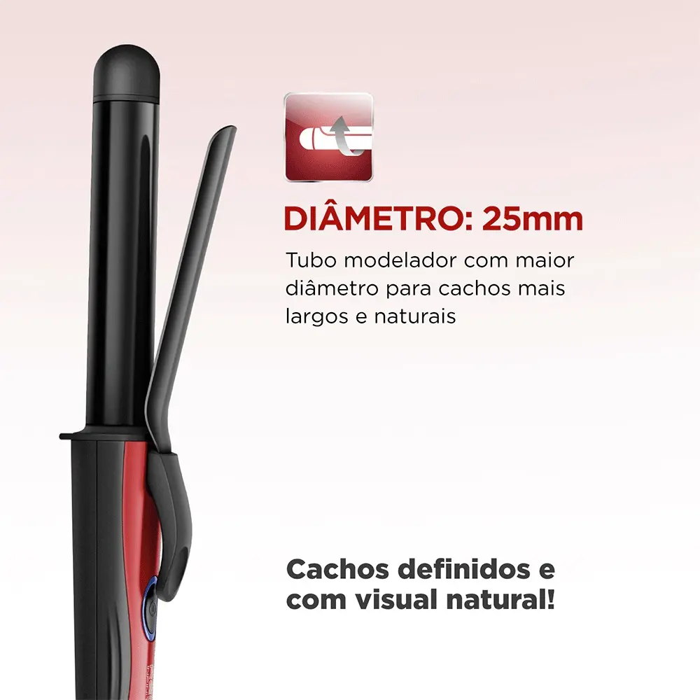 Visão lateral do modelador com foco no diâmetro de 25mm para cachos naturais