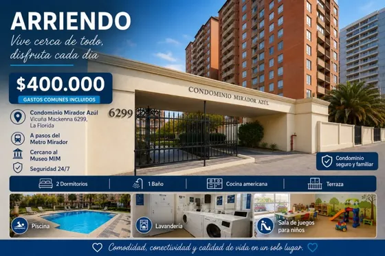 Departamento En Condominio Mirador Azul- Metro Mirador