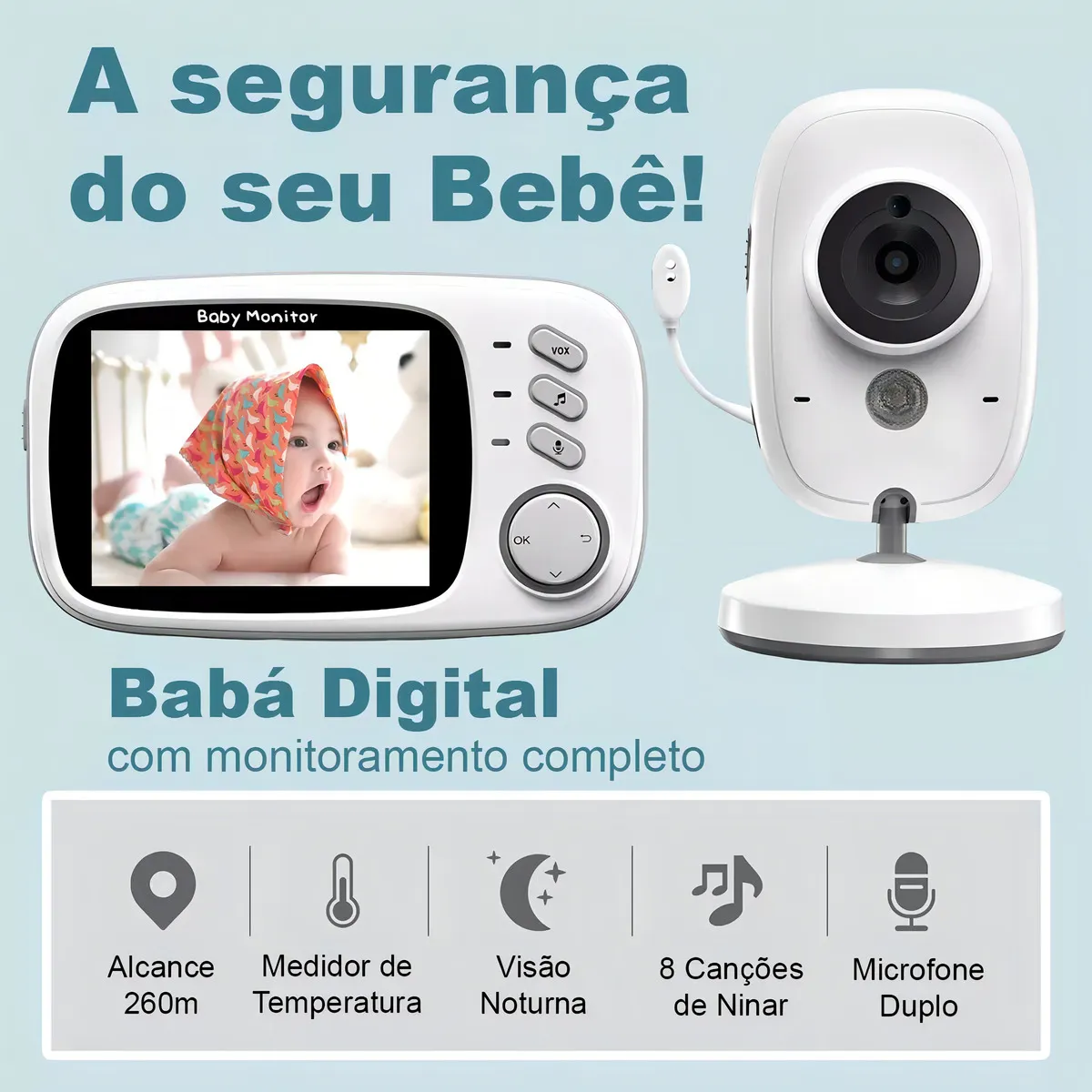 Baba Eletrônica Baby Monitor Vb603 Visão Noturna Dual Audio Cor Branco