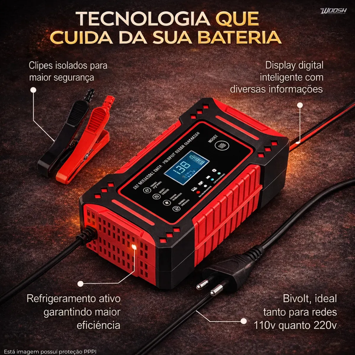 Detalhes do carregador de bateria Woosh: clipes isolados, display digital, refrigeração e plugue bivolt