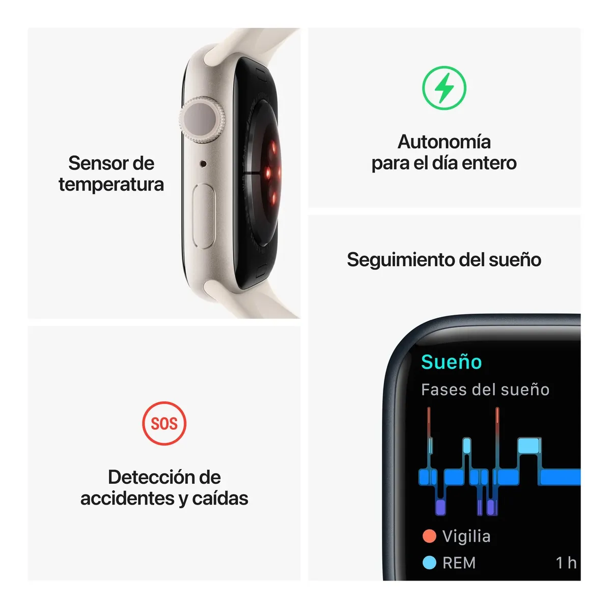 Imagen 8 de 10 de Apple Watch Series 8 GPS - Caja de aluminio blanco estelar 41 mm - Correa deportiva blanco estelar - Patrón