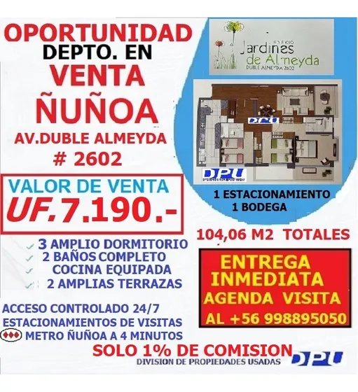 Metro Ñuñoa  4 Minutos   3d 2b  1es  1bo Solo 1% De Comisión